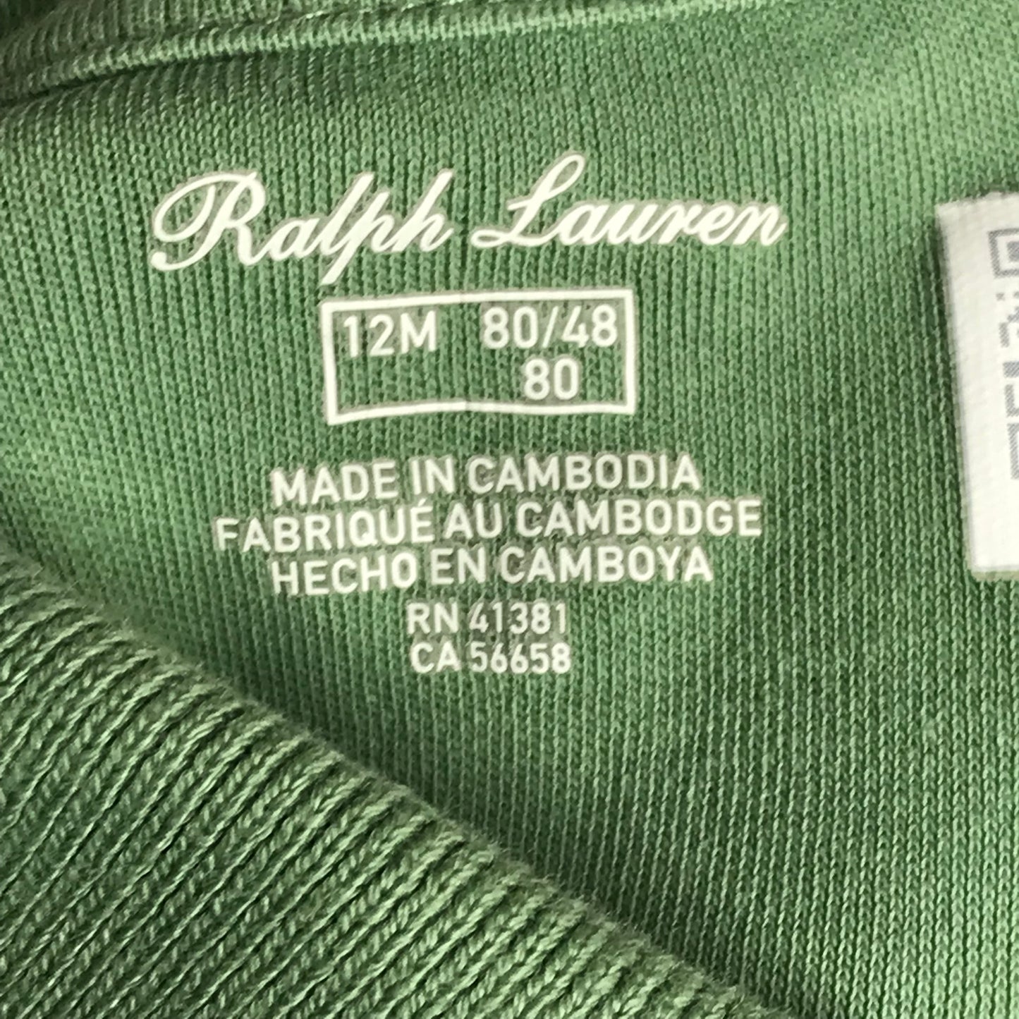 Polo Ralph Lauren Baby Boys Green Soft Cotton Shortall Size 12M