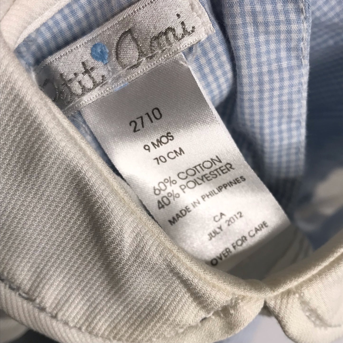 Petit Ami Micro Check Jon Jon Romper Blue White Baby Boy Size 9M