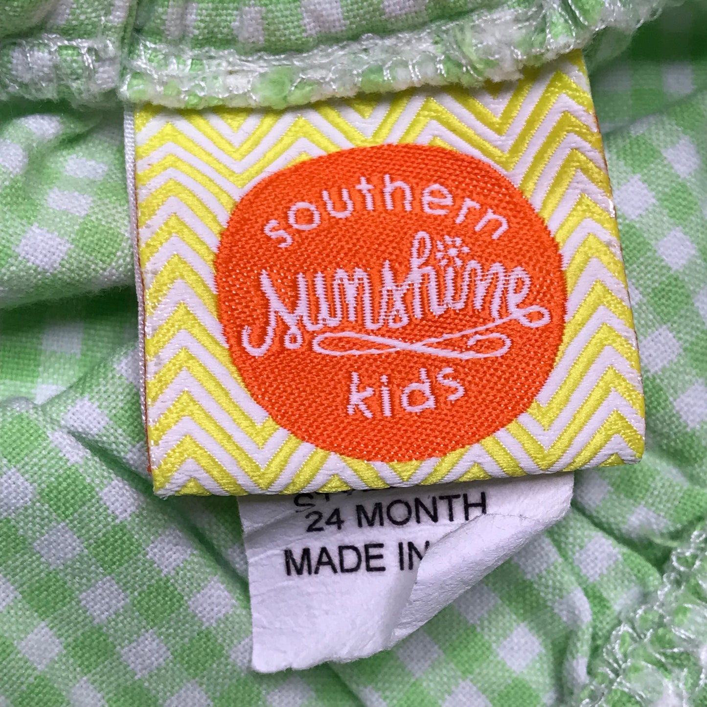 Southern Sunshine Bubble Romper Gingham “ C” Embroidered Green White Baby Girl Size 24M