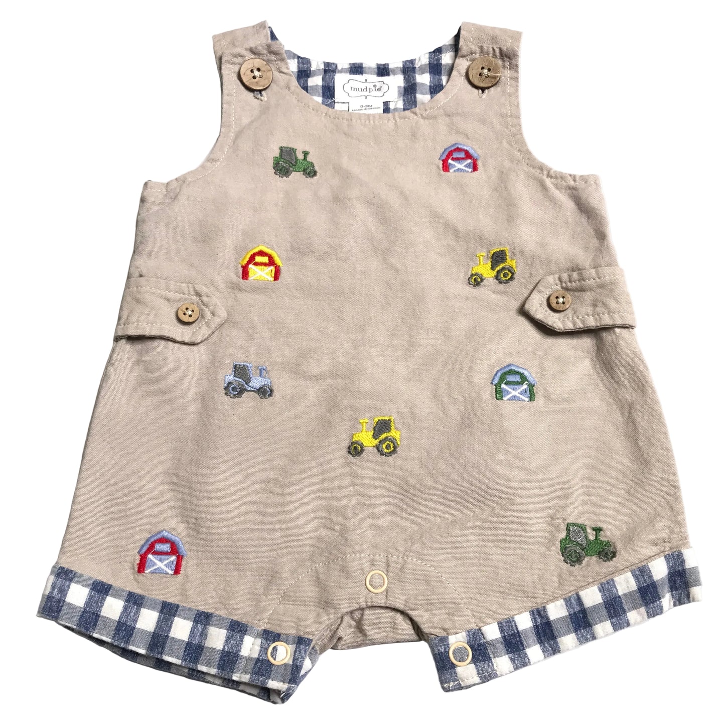 Mudpie Farm Embroidery Schiffli Shortall Khaki Gingham Baby Boy Size 0-3M