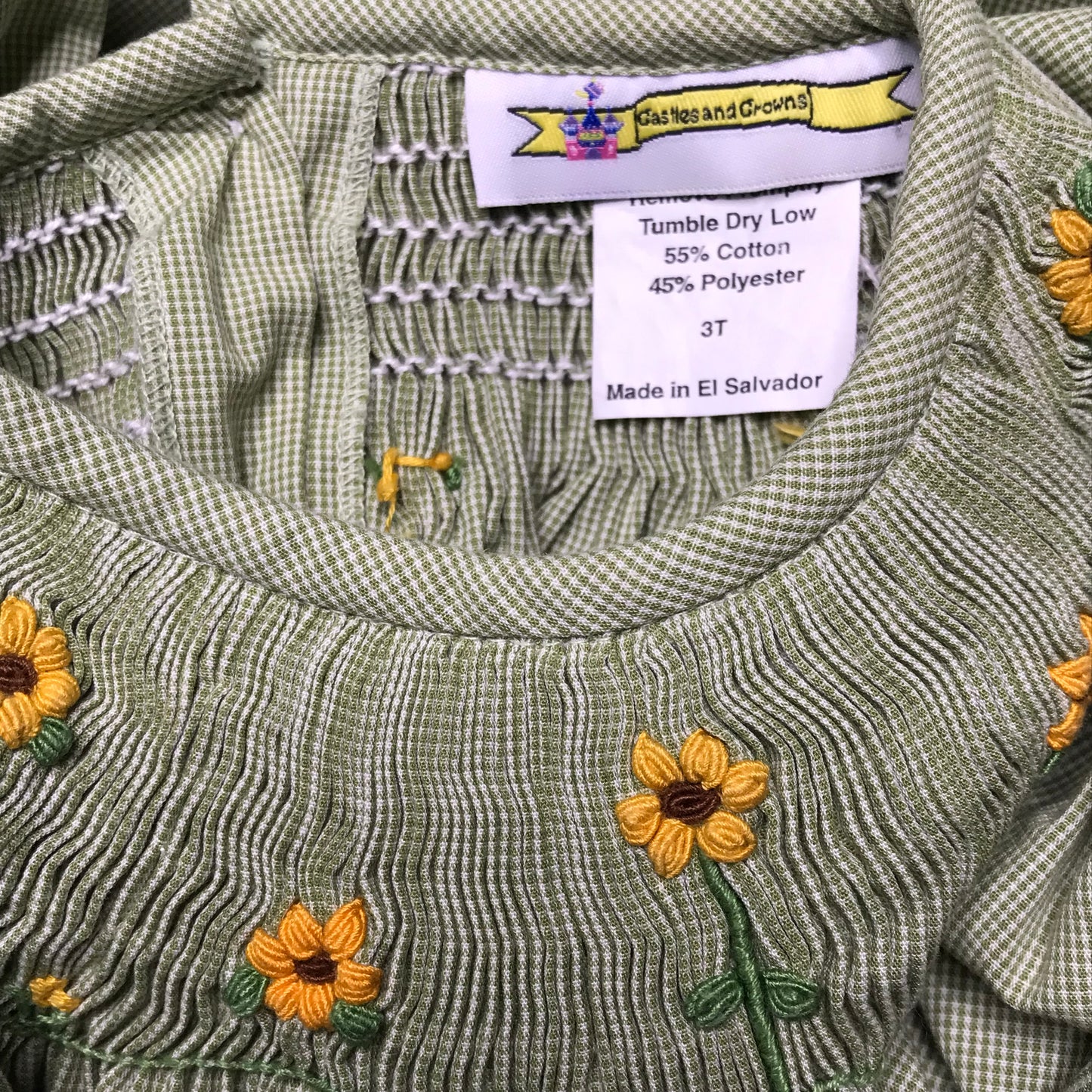 Castles and Crowns Smocked Bishop Dress Sunflower Green Floral Girl Size 3T