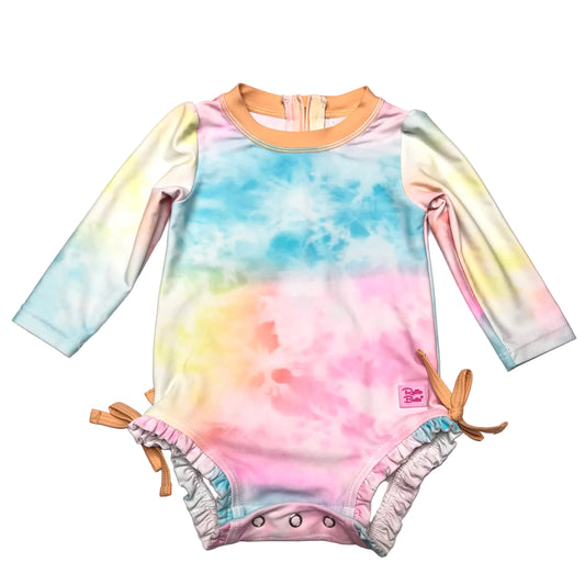 RuffleButts Tie Dye Multicolored Long Sleeve One Piece Rash Guard Girl Size 6-12M