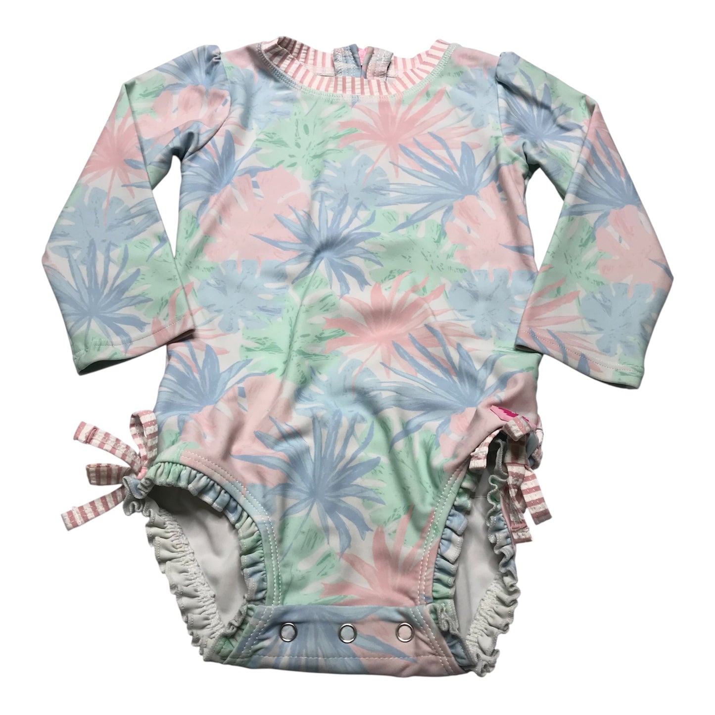 RuffleButts Pastel Palms Ling Sleeve One Piece Rash Guard Swimsuit Size 18-24M