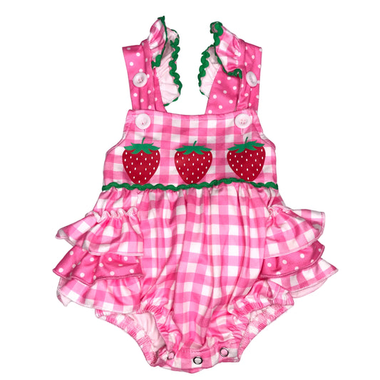 Marie Nicole Gingham Strawberries Bubble Romper Pink White Girl Size 0-3M