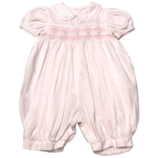 Petit Ami Smocked French Bubble Romper Floral Embroidery Light Pink Baby Girl Size 6M