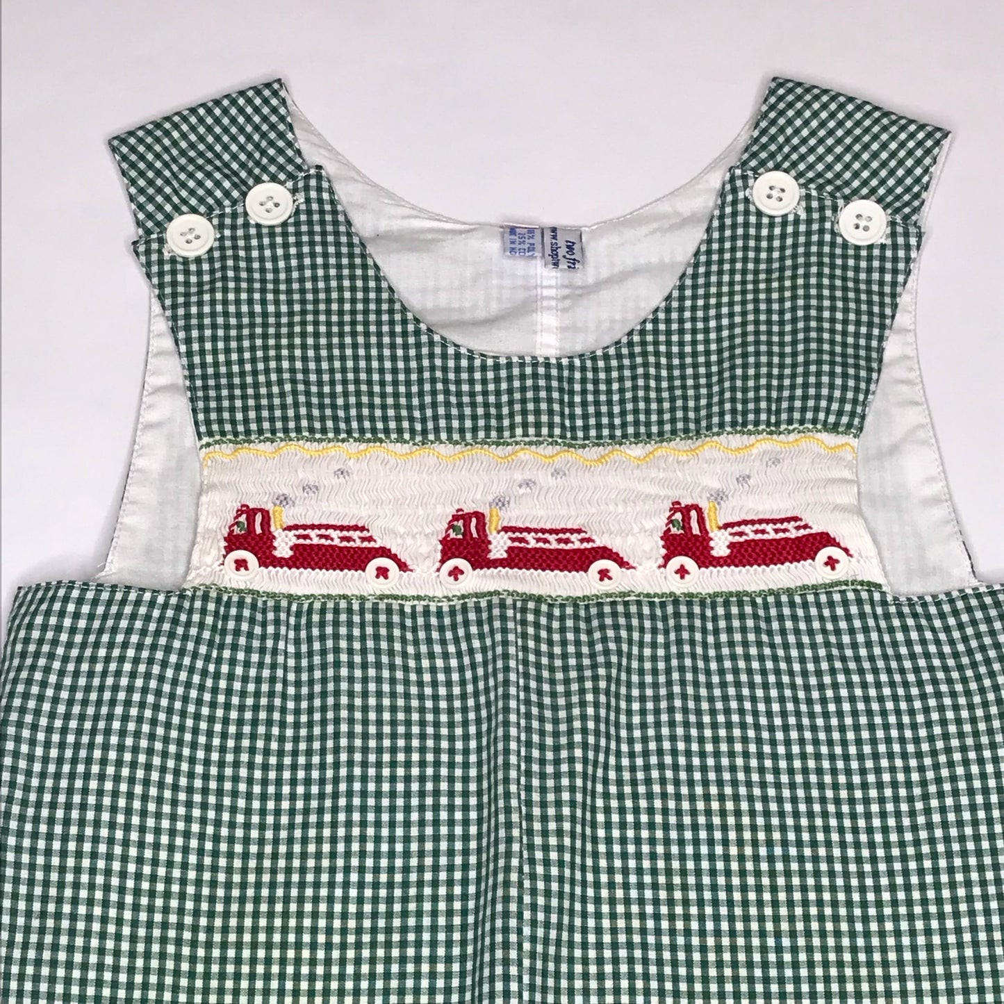 Two Friends Baby Boys Smocked Jon Jon Shortall Fire Truck Gingham Size 2T