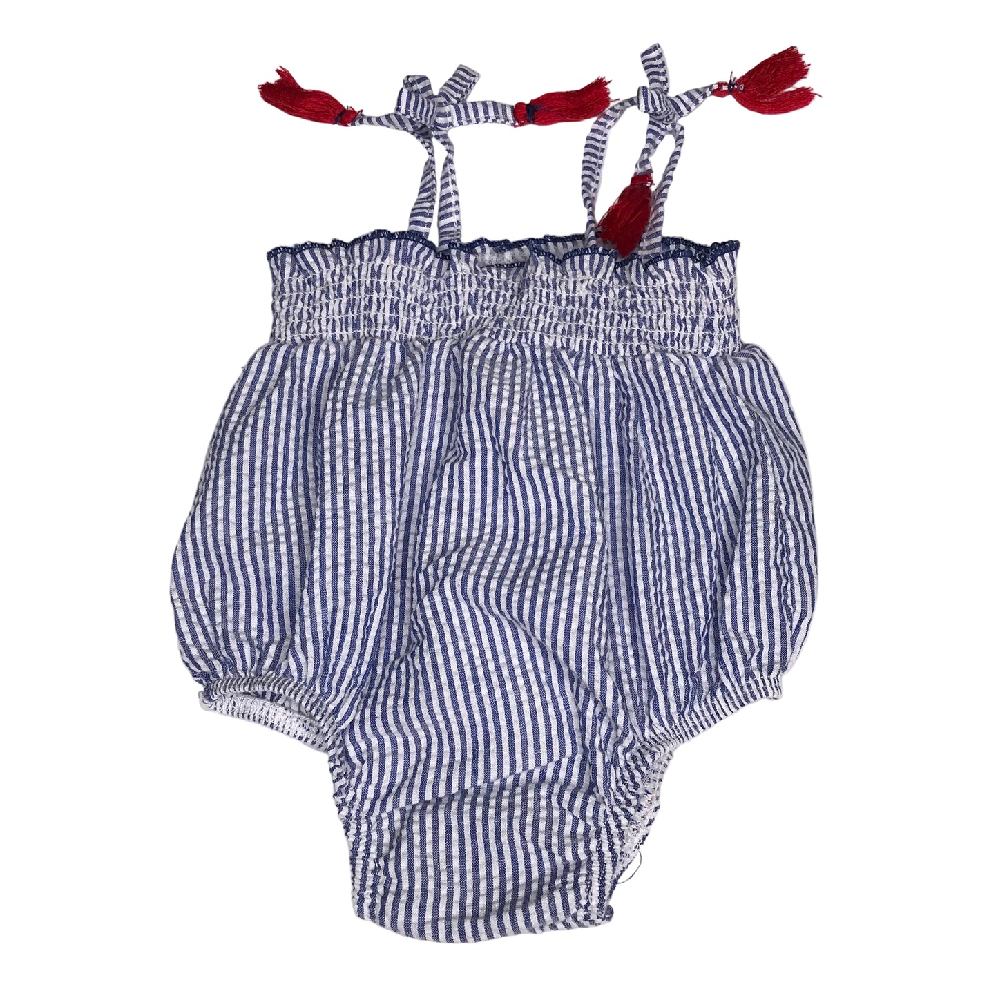Mudpie Seersucker Nautical Bubble Romper Tassel Tie Baby Girl Size 0-3M