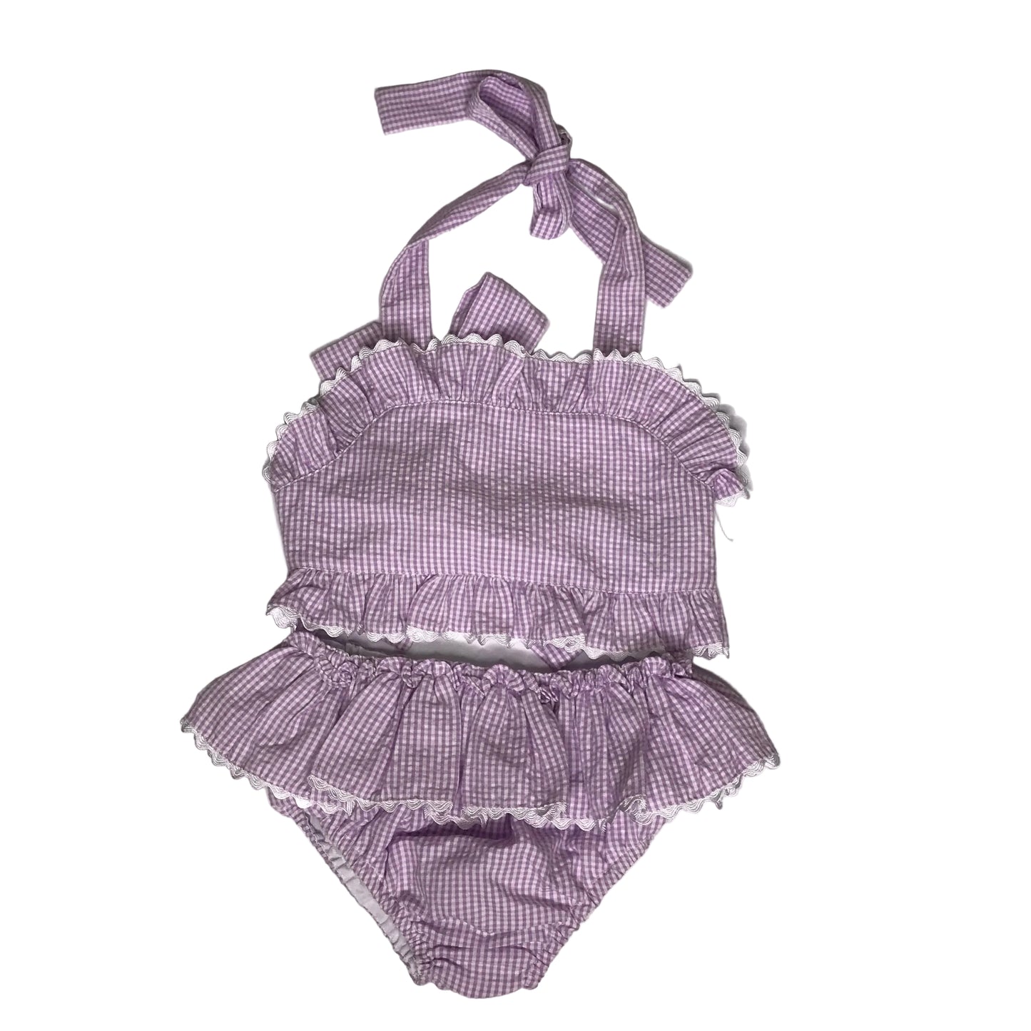 Three Sisters Seersucker Gingham Blank Two Piece Swimsuit Purple White Size 4