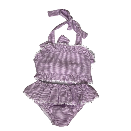 Three Sisters Seersucker Gingham Blank Two Piece Swimsuit Purple White Size 4