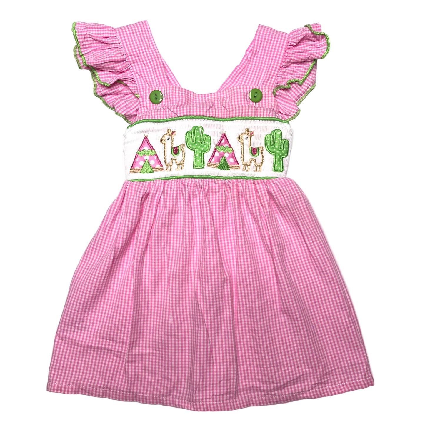 Marie Nicole Smocked Gingham Llamas Pink White Dress Size 12-18M