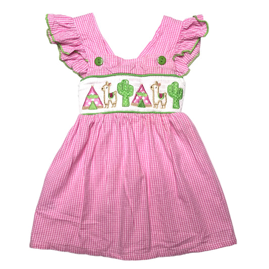 Marie Nicole Smocked Gingham Llamas Pink White Dress Size 12-18M
