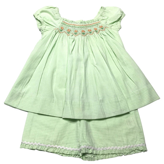 Orient Express Gingham Smocked Floral Short Set Green White Girl Size 3
