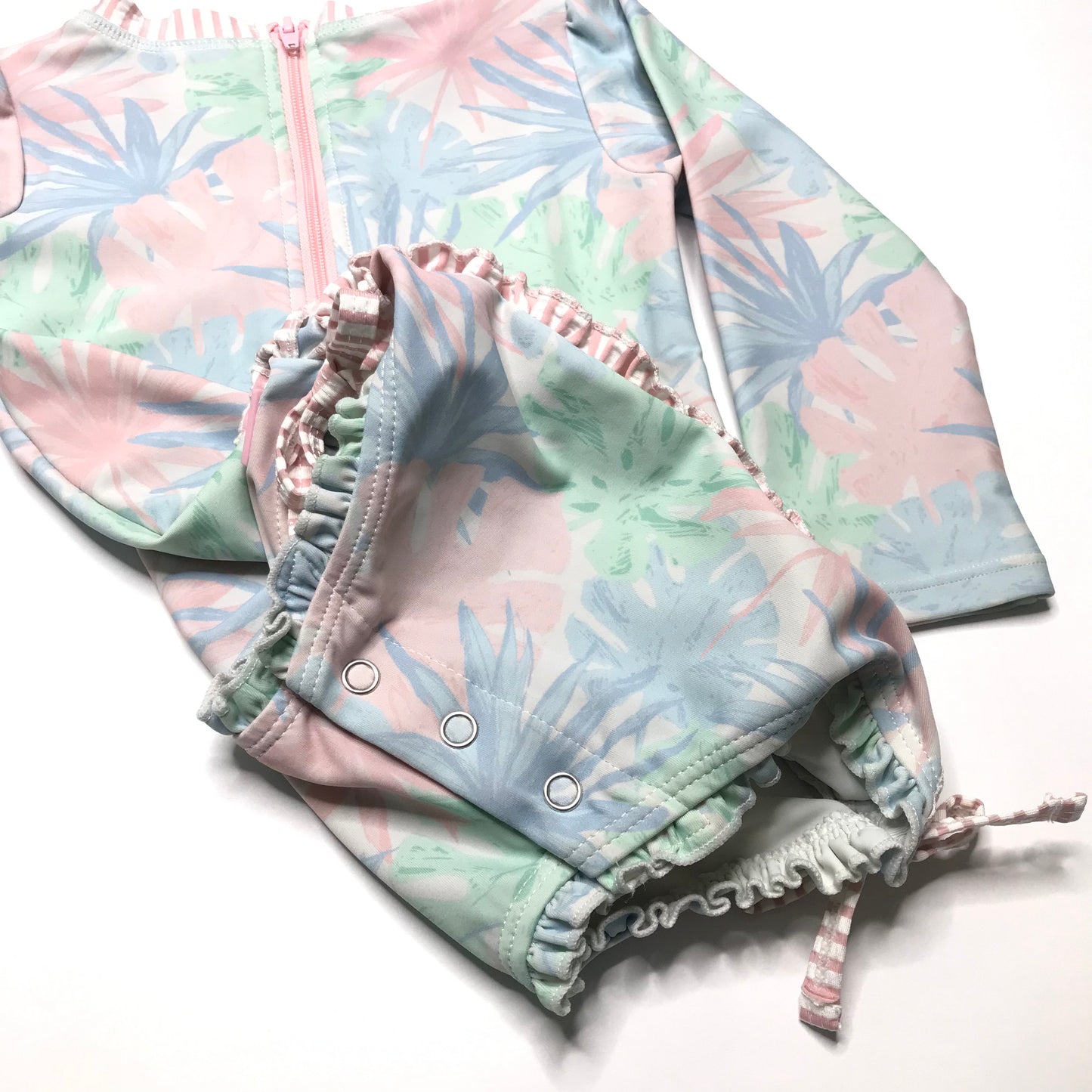 RuffleButts Pastel Palms Ling Sleeve One Piece Rash Guard Swimsuit Size 18-24M