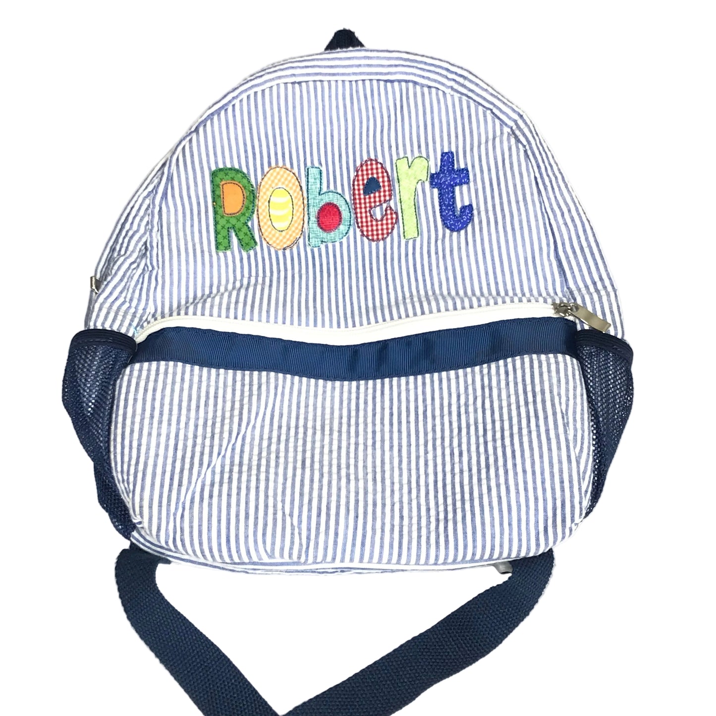 Robert Personalized Seersucker Applique Name Backpack Boys Blue White