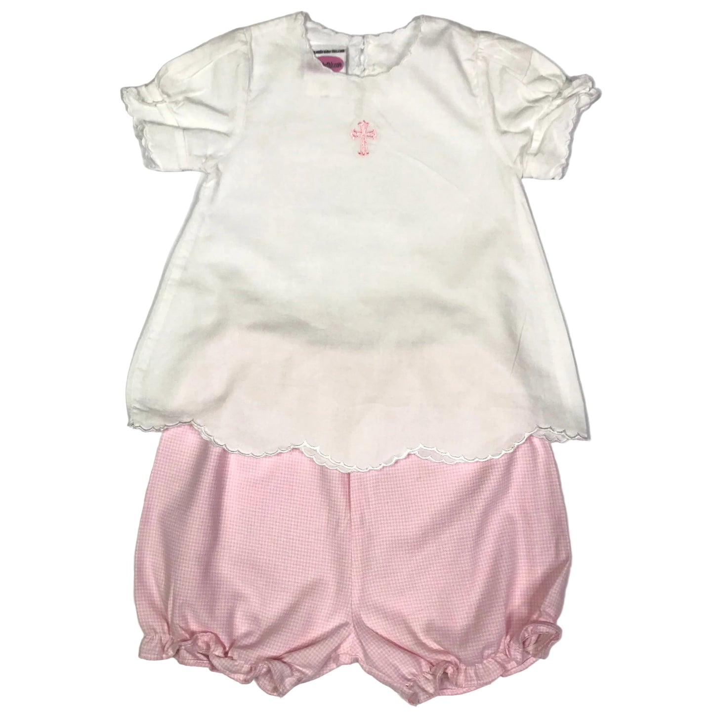 Cross Embroidered Bloomer Set White Pink Girls Size 9-12M