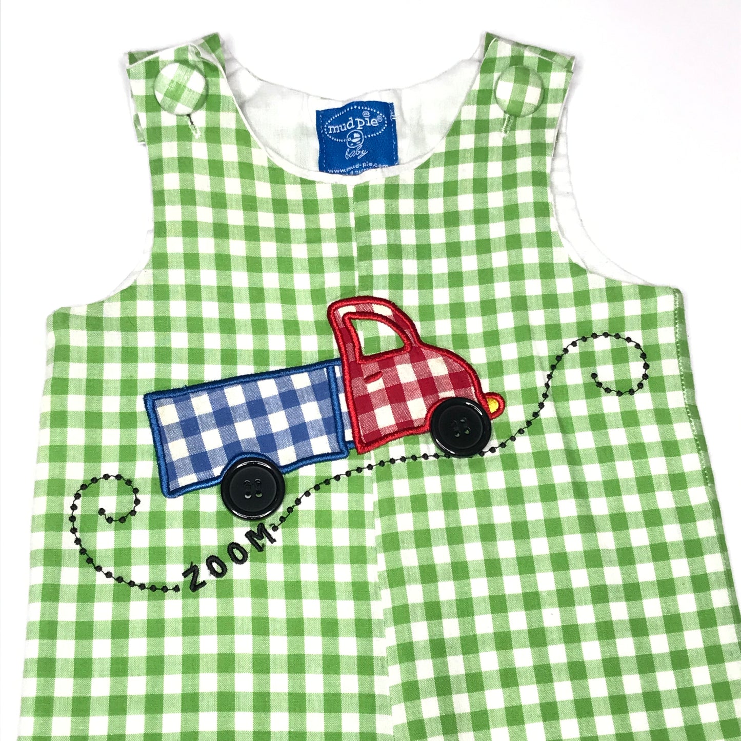 Mudpie Jon Jon Truck Appliqué One Piece Outfit Gingham Green White Baby Boy Size 12-18M