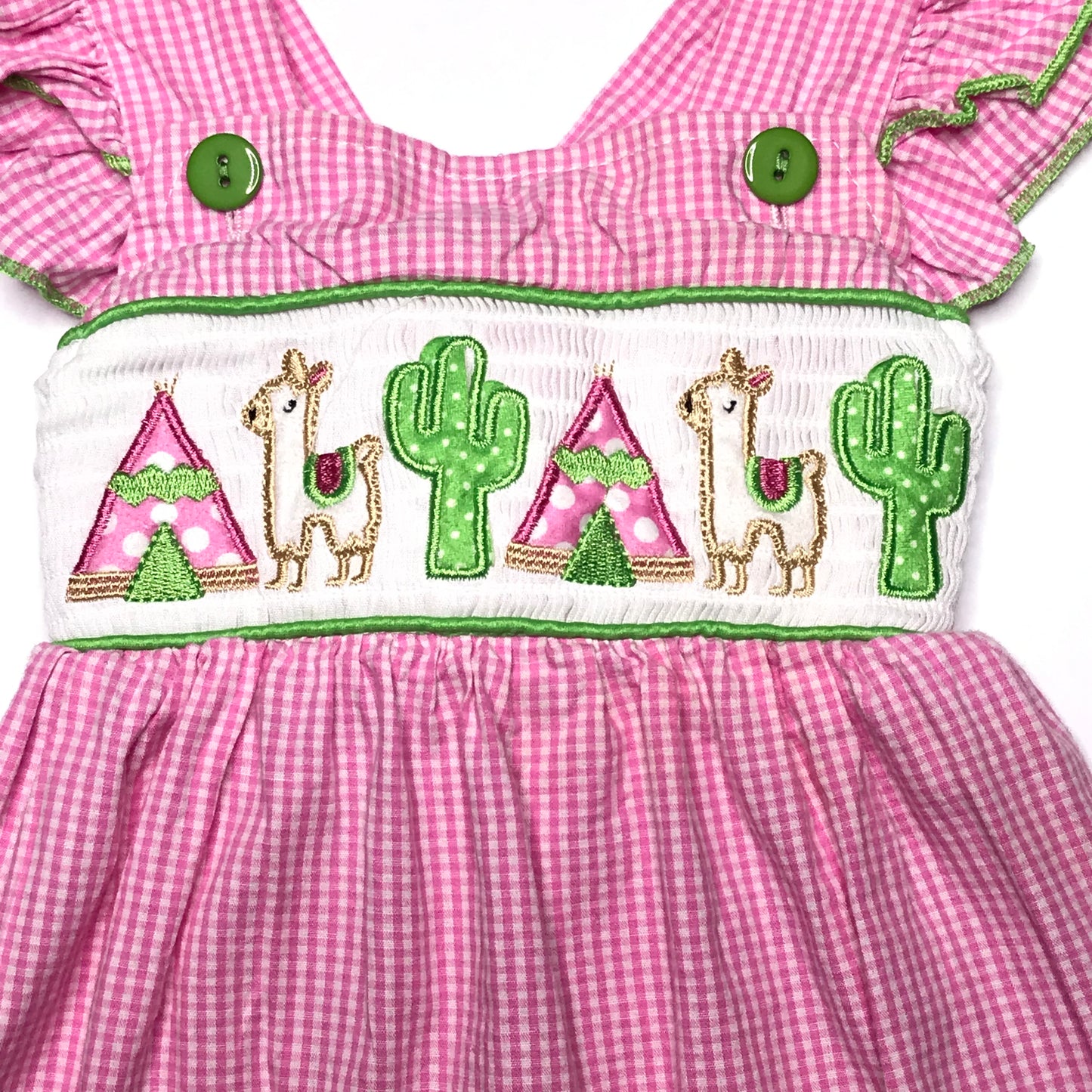 Marie Nicole Smocked Gingham Llamas Pink White Dress Size 12-18M