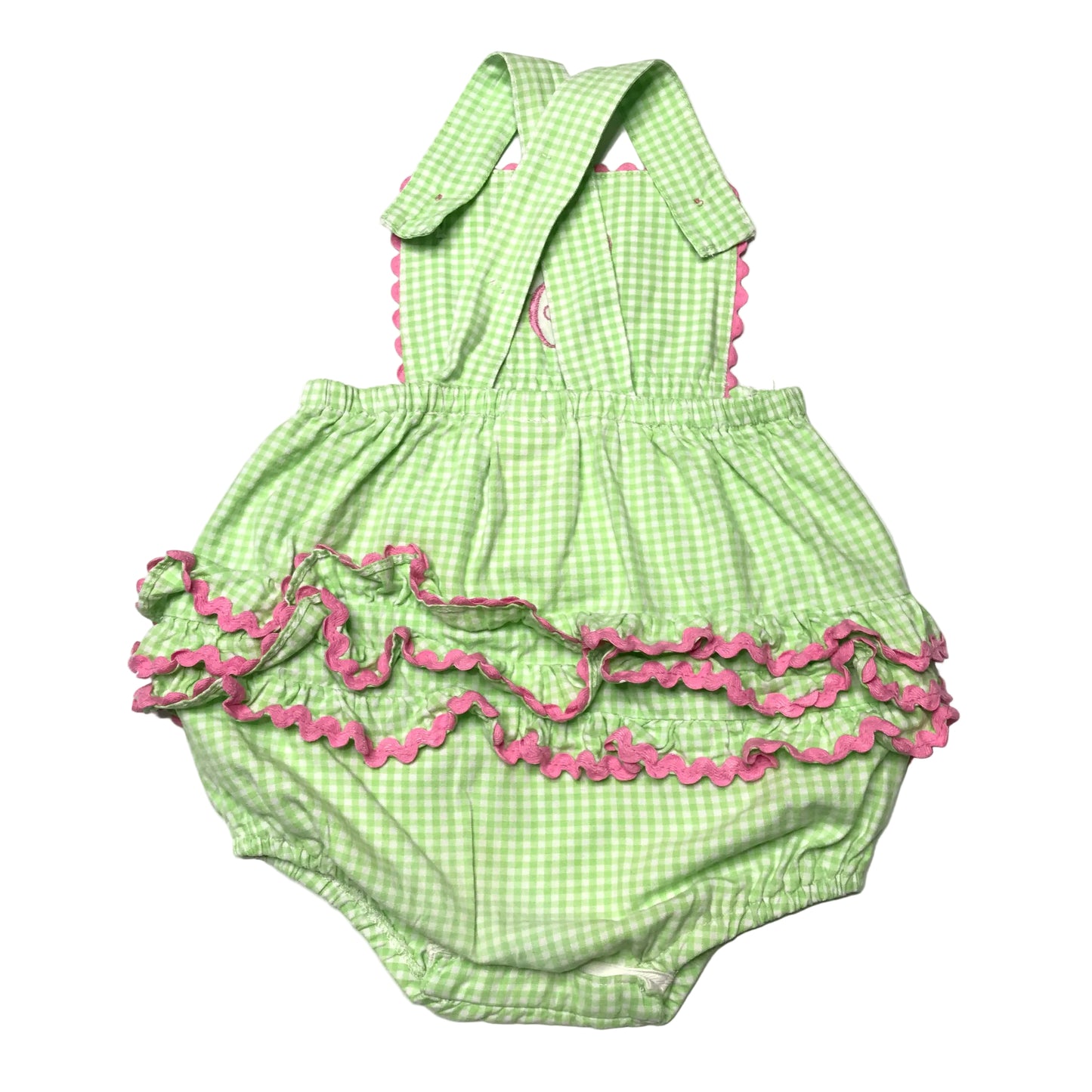 Southern Sunshine Bubble Romper Gingham “ C” Embroidered Green White Baby Girl Size 24M