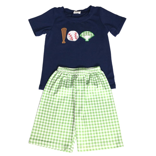 Baseball Embroidery Gingham Short Set Baby Boy Size 2T