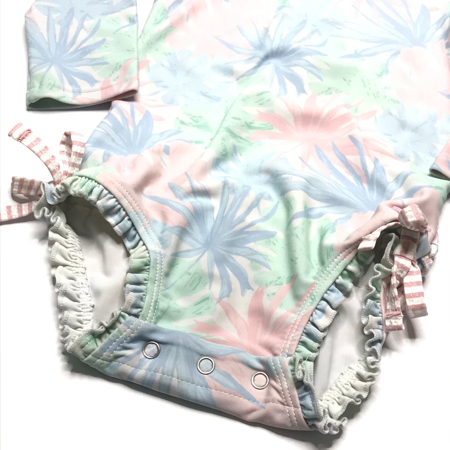 RuffleButts Pastel Palms Ling Sleeve One Piece Rash Guard Swimsuit Size 18-24M