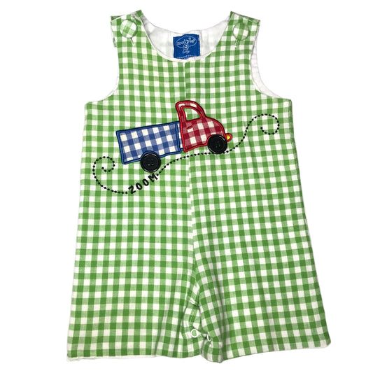Mudpie Jon Jon Truck Appliqué One Piece Outfit Gingham Green White Baby Boy Size 12-18M