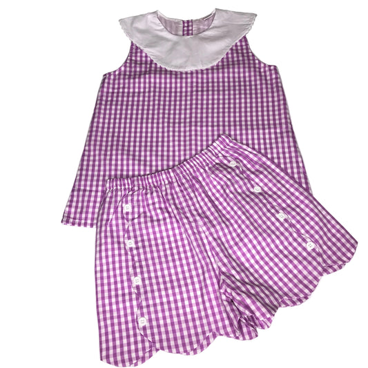 Stitchy Fish Keaton Gingham Short Set Purple White Girl Size 7