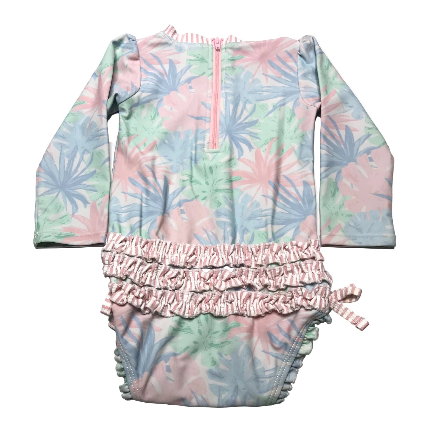 RuffleButts Pastel Palms Ling Sleeve One Piece Rash Guard Swimsuit Size 18-24M