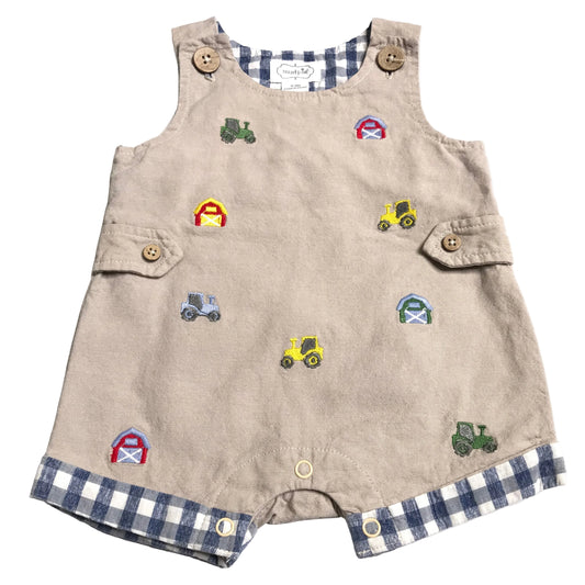 Mudpie Farm Embroidery Schiffli Shortall Khaki Gingham Baby Boy Size 0-3M