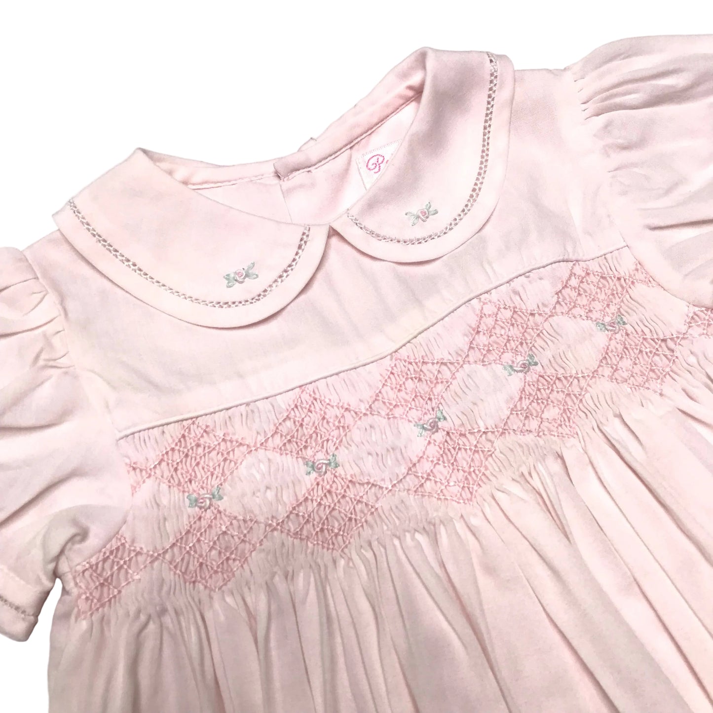 Petit Ami Smocked French Bubble Romper Floral Embroidery Light Pink Baby Girl Size 6M