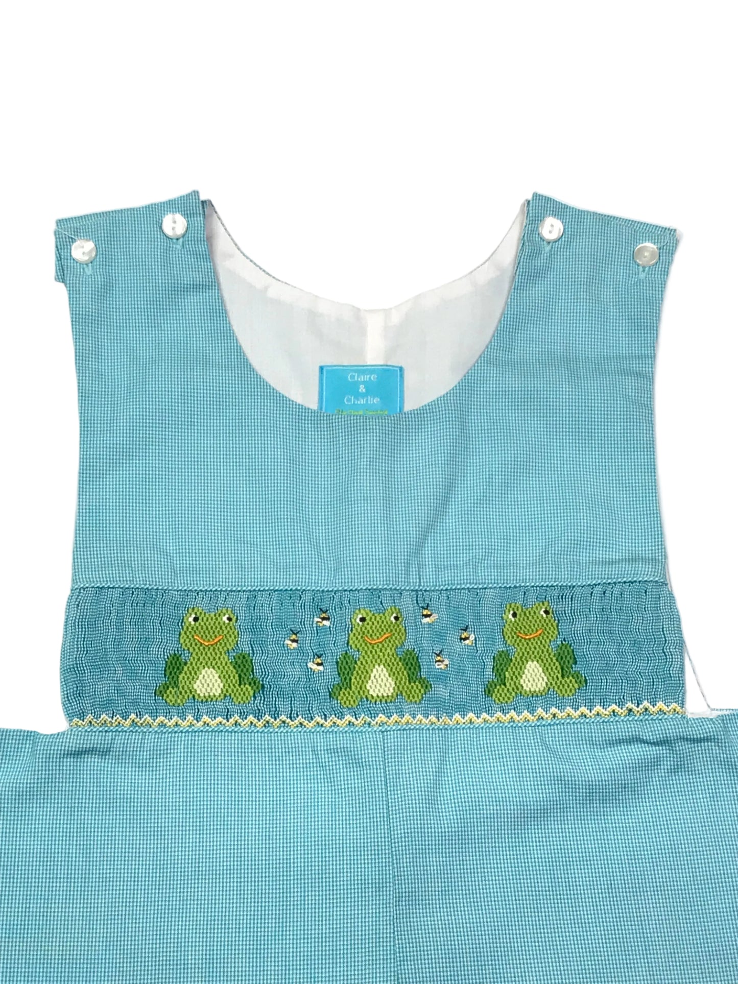 Claire & Charlie Mircochecked Smocked Frog Jon Jon Shortall Turquoise Boys Size 4T