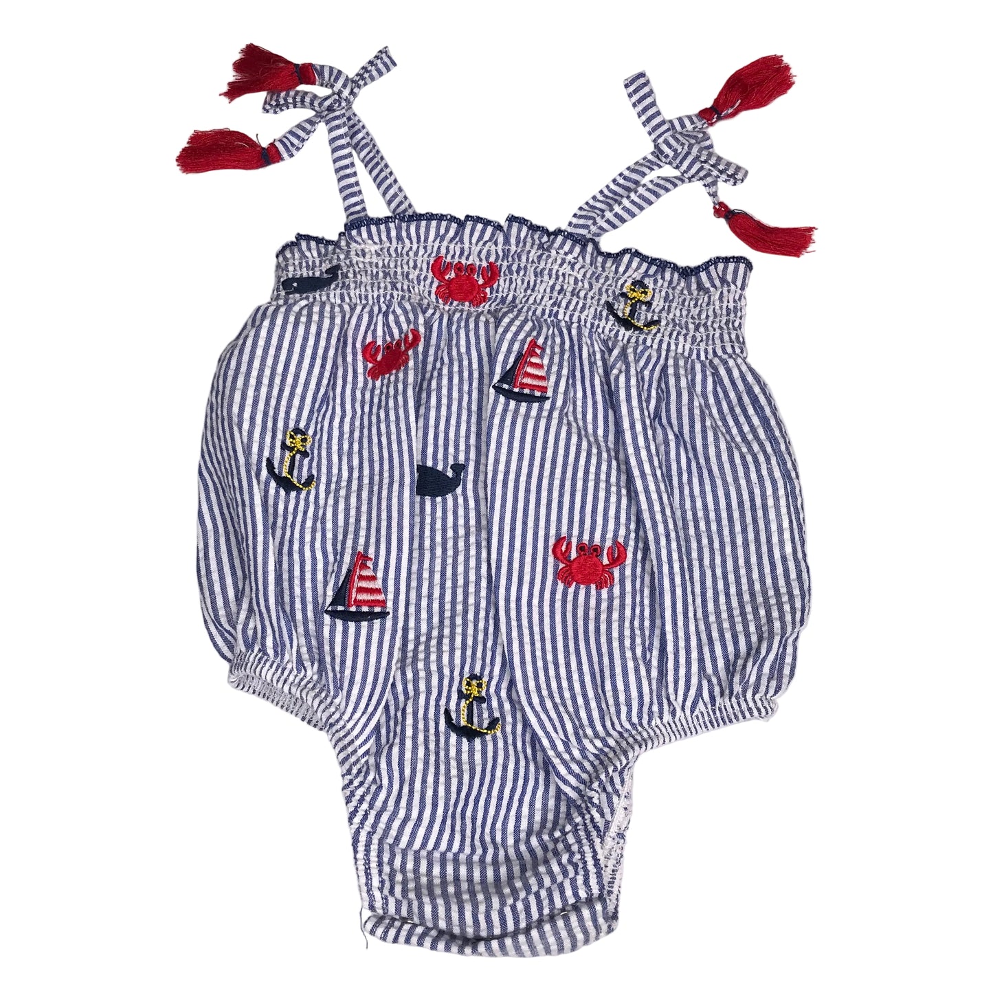 Mudpie Seersucker Nautical Bubble Romper Tassel Tie Baby Girl Size 0-3M