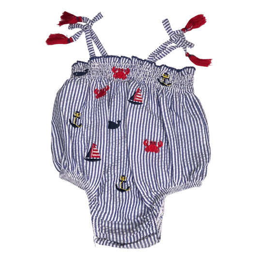 Mudpie Seersucker Nautical Bubble Romper Tassel Tie Baby Girl Size 0-3M
