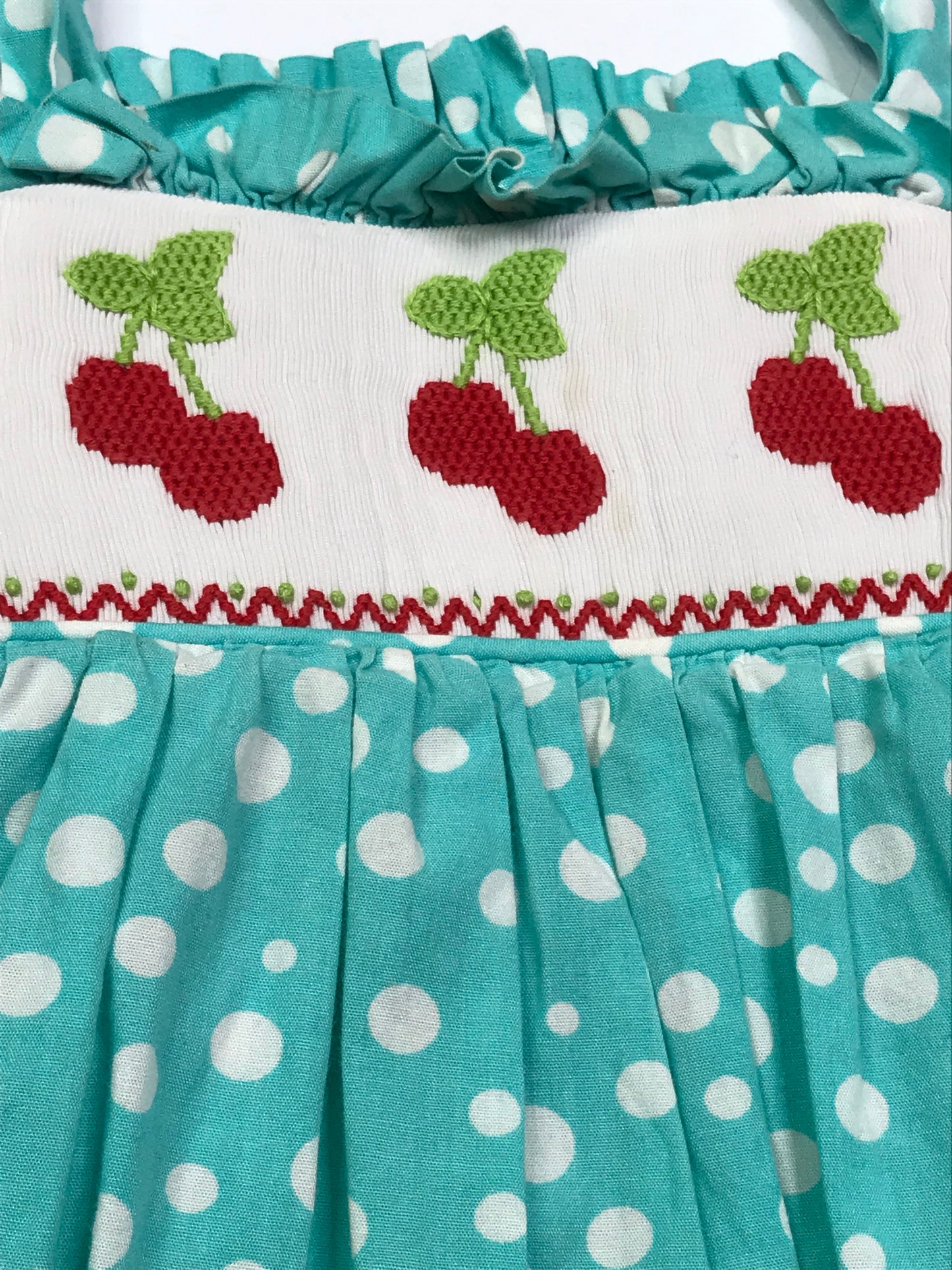 Smocked Auctions Smocked Cherry Polka Dot Bubble Turquoise White Girls Size 12M