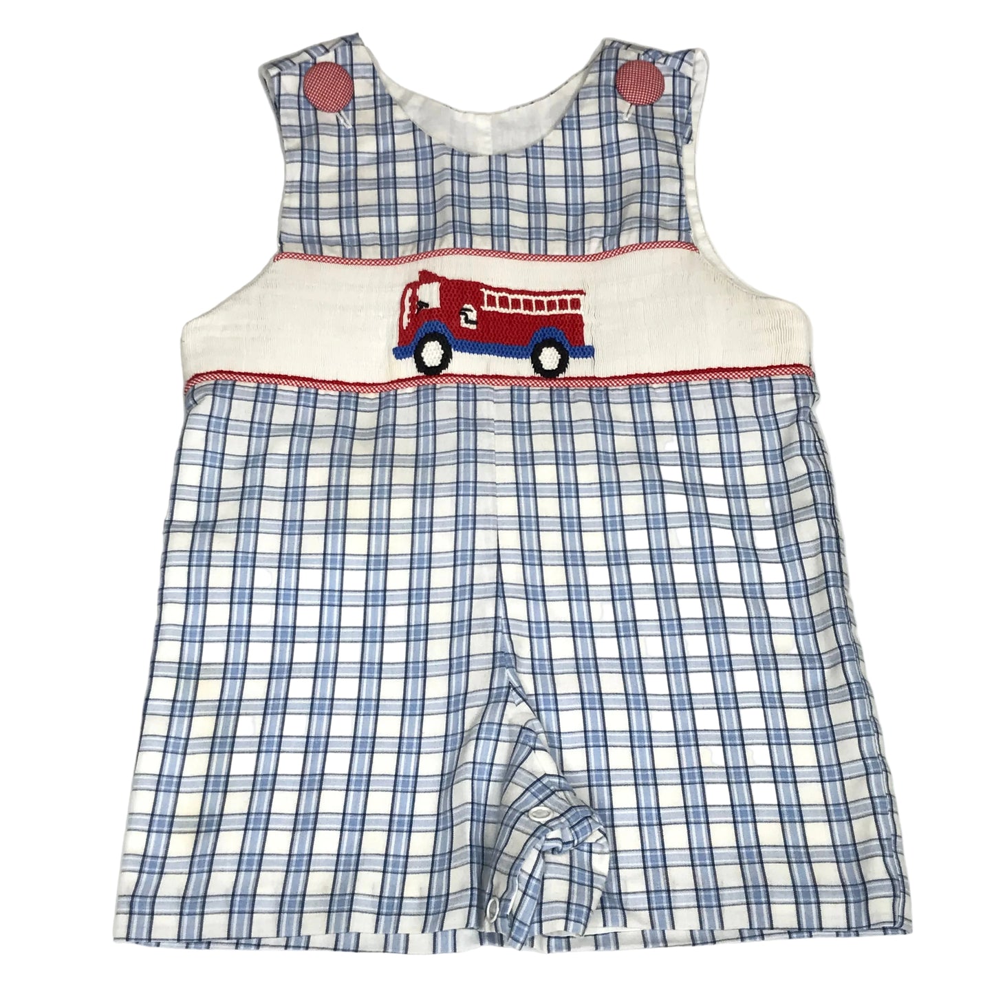 Castles & Crowns Smocked Fire Truck Jon Jon Plaid Baby Boy Size 3M