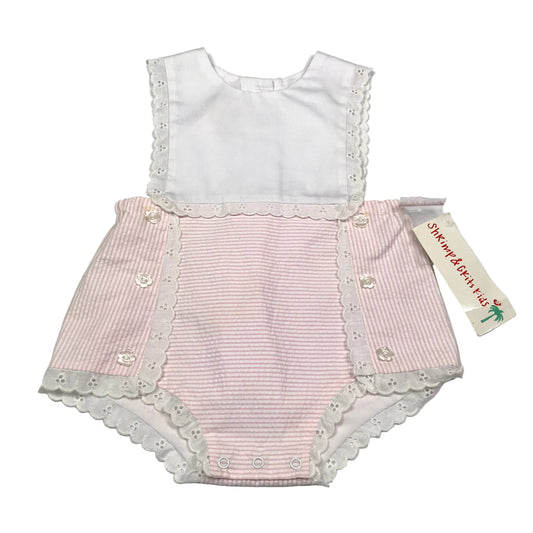 Shrimp & Grits Seersucker Lace Trim Bubble Romper Girls Size 18M NWT