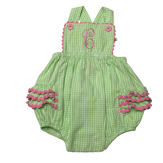 Southern Sunshine Bubble Romper Gingham “ C” Embroidered Green White Baby Girl Size 24M