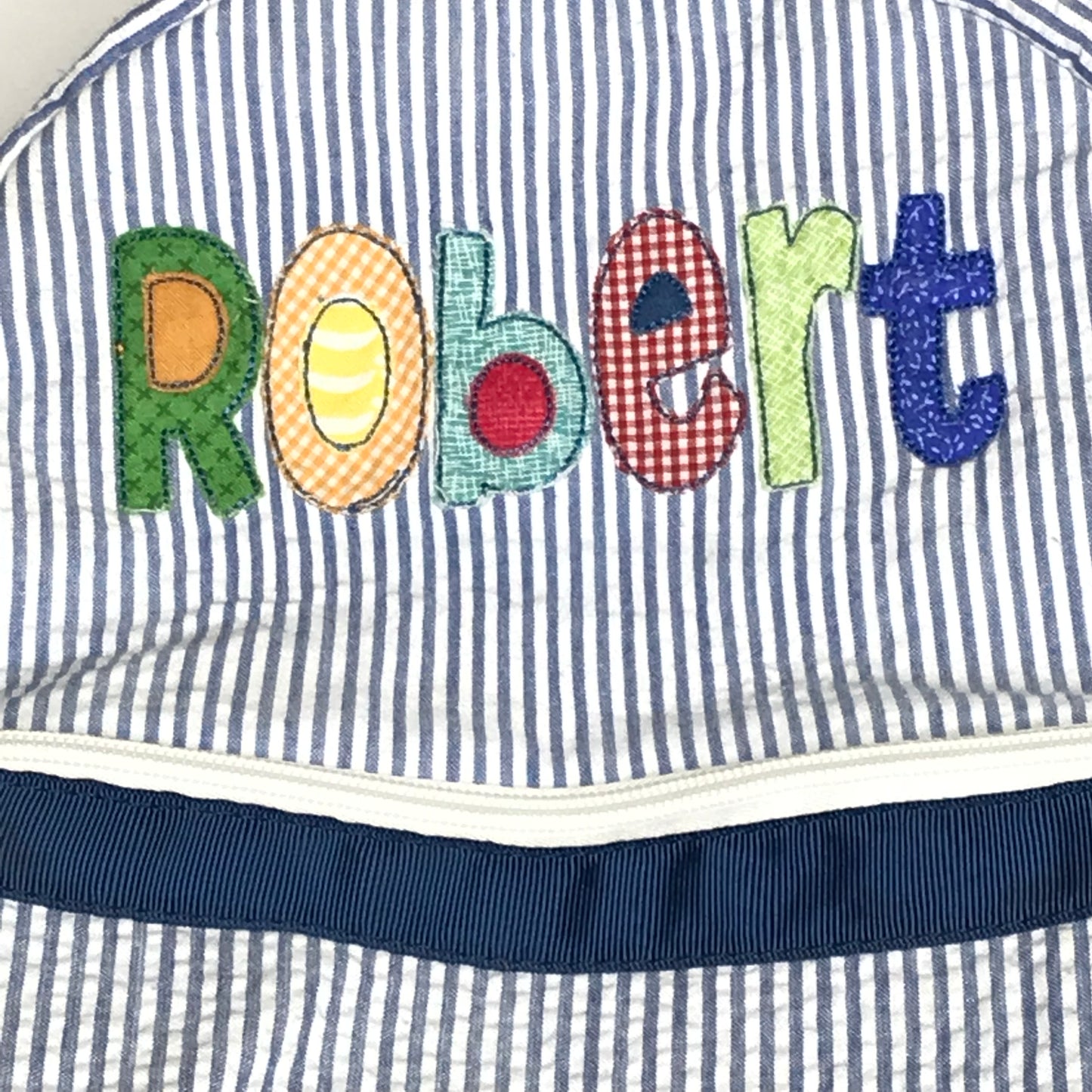 Robert Personalized Seersucker Applique Name Backpack Boys Blue White