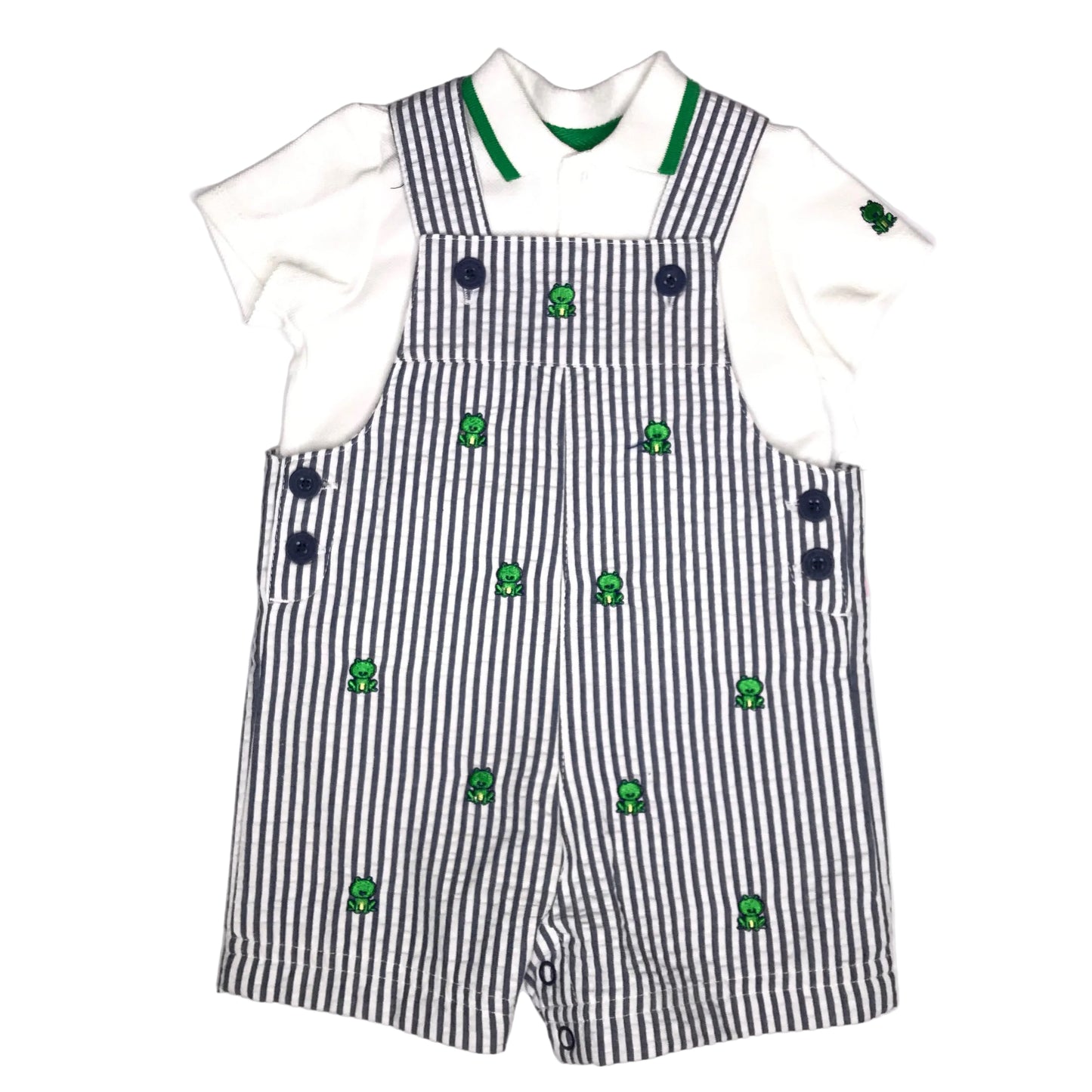 NWT Little Me Sunsuit Shortall Seersucker Frog Embroidered Polo Baby Boy Size 9M