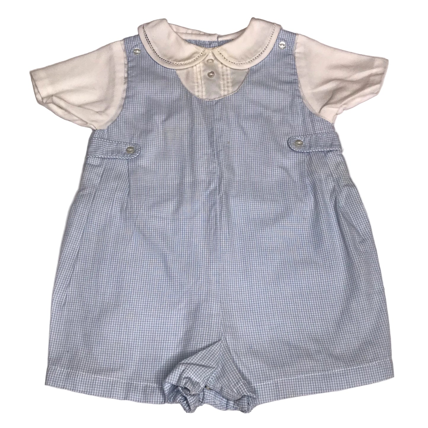 Petit Ami Micro Check Jon Jon Romper Blue White Baby Boy Size 9M