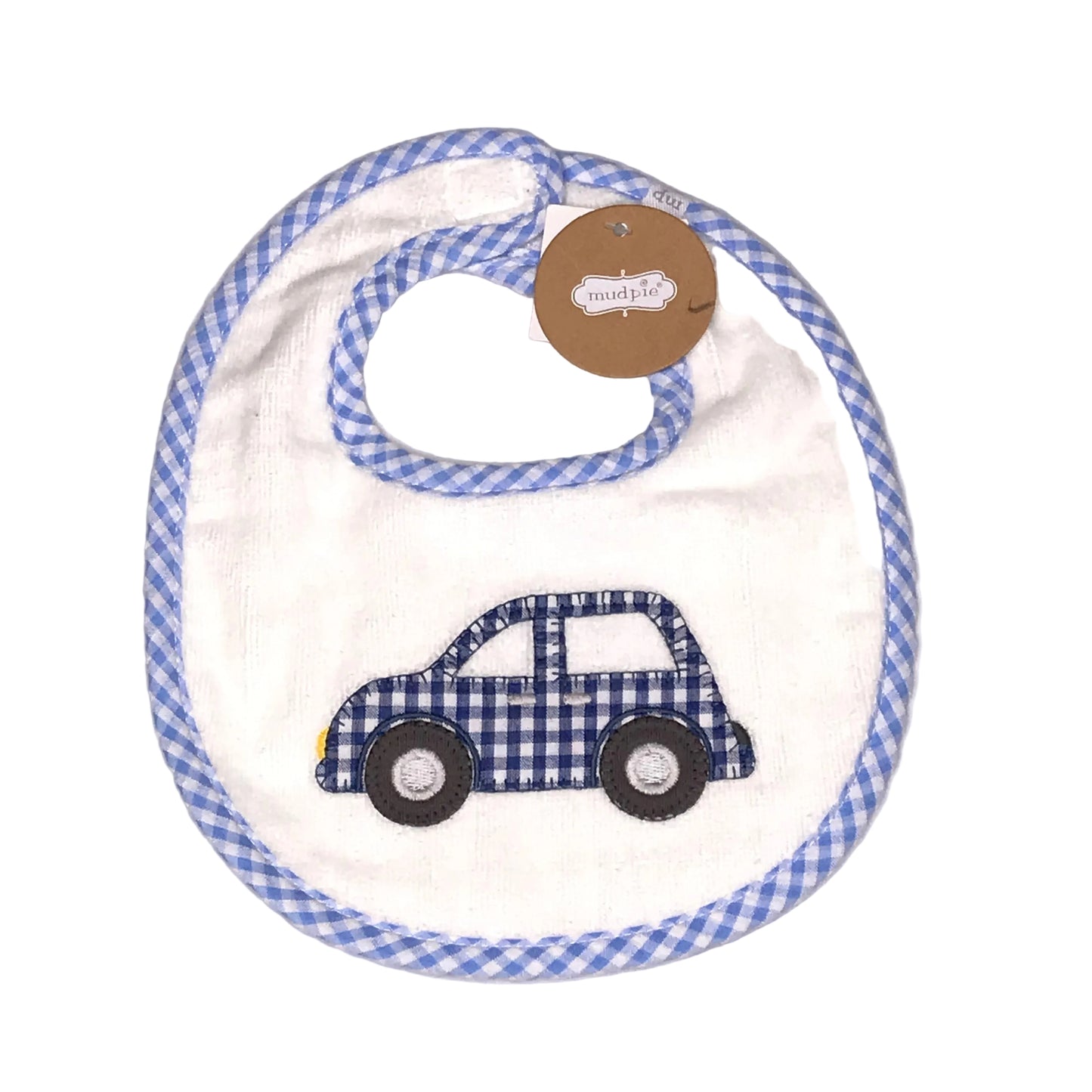 NWT Mudpie Terry Cloth Gingham Car Baby Bib