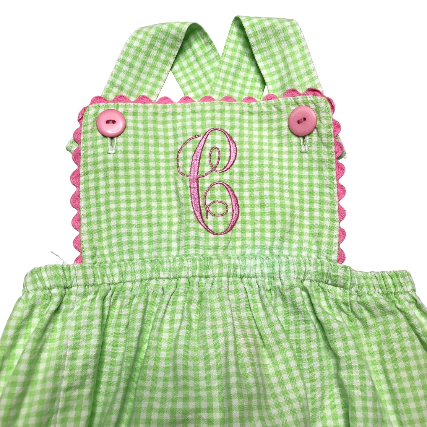 Southern Sunshine Bubble Romper Gingham “ C” Embroidered Green White Baby Girl Size 24M