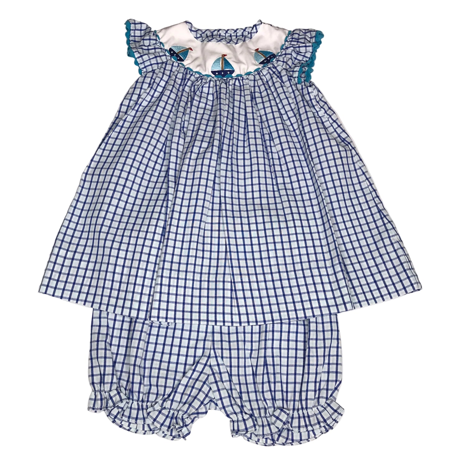 Petit Ami Sailboat Embroidery Plaid Checker Baby Girl Size 3M