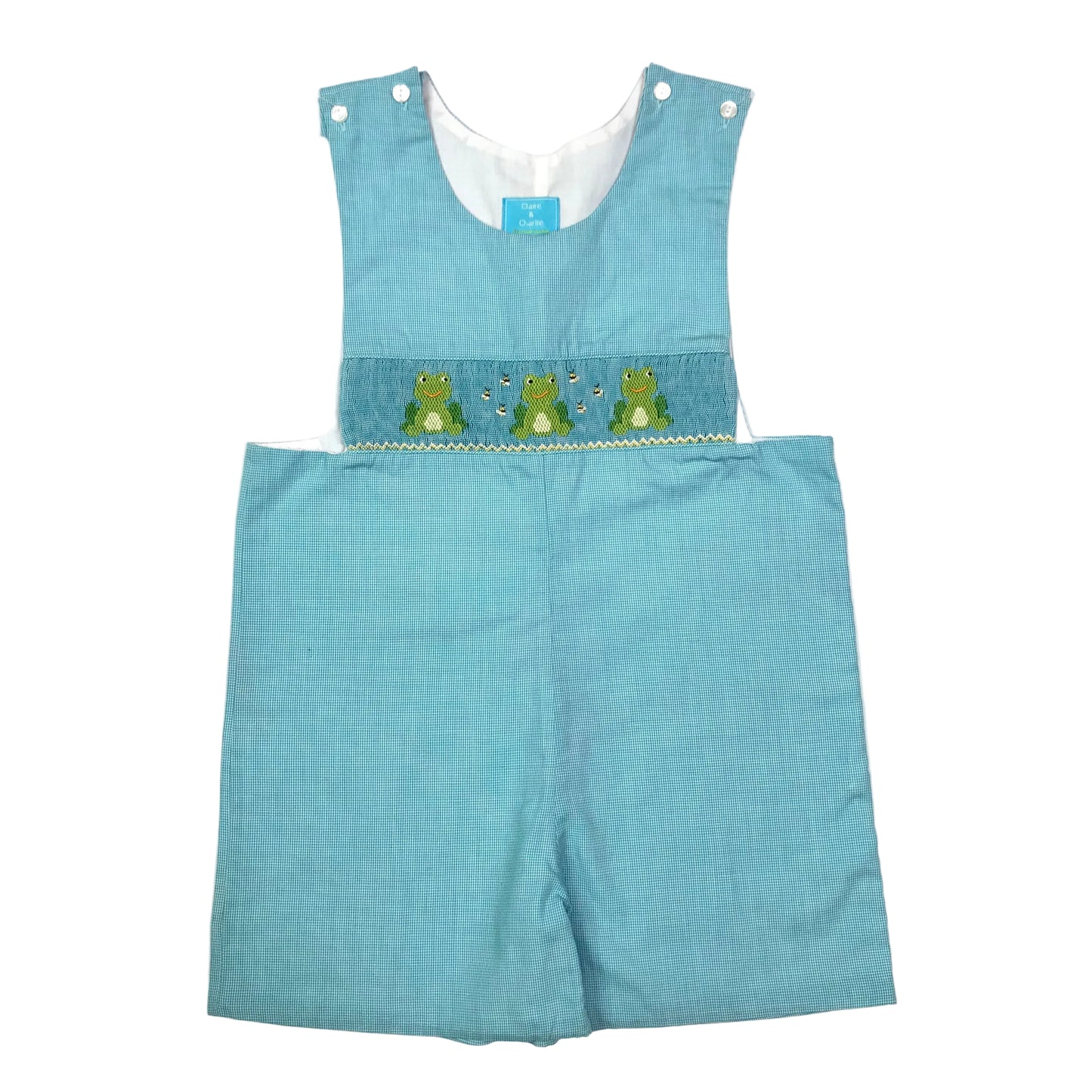 Claire & Charlie Mircochecked Smocked Frog Jon Jon Shortall Turquoise Boys Size 4T