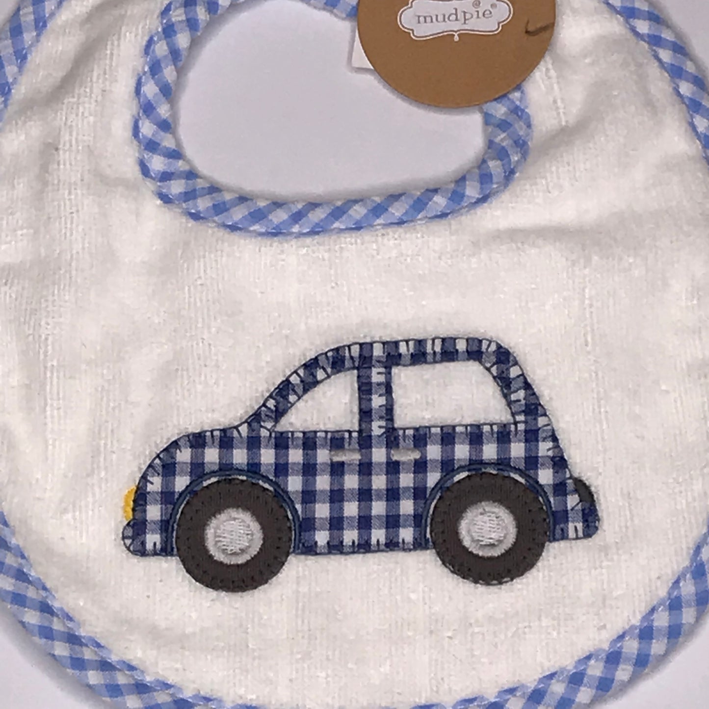 NWT Mudpie Terry Cloth Gingham Car Baby Bib