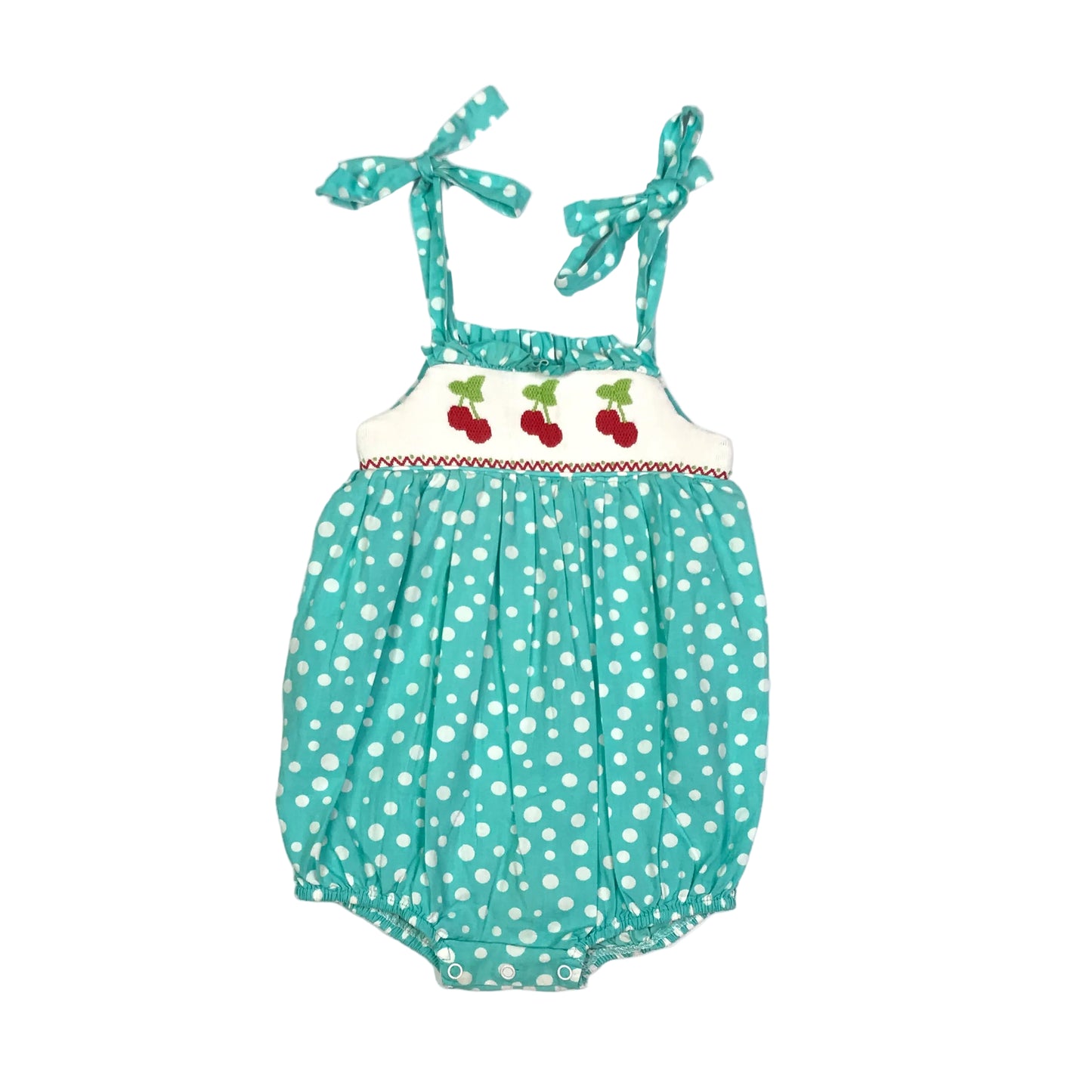 Smocked Auctions Smocked Cherry Polka Dot Bubble Turquoise White Girls Size 12M
