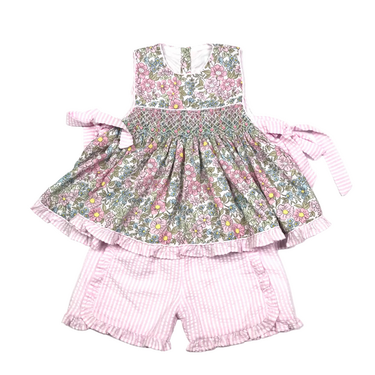 Stitchy Fish Smocked Floral Seersucker Short Set Girls Size 4T